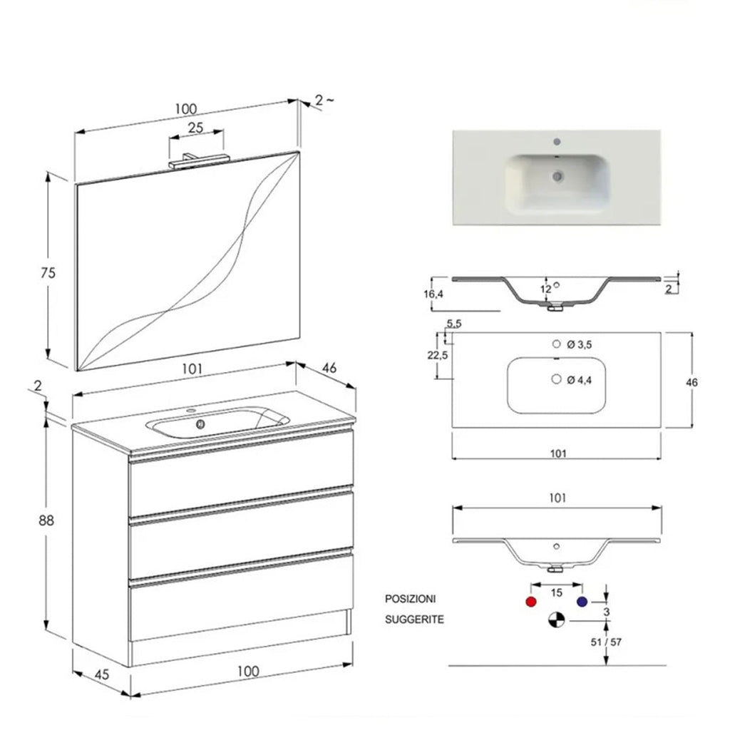  Composizione bagno sospesa Nexu 3 cassetti con lavabo specchio con lampada LED 100x90 cm - Bianco by CeramicStore | Lo specialista del tuo bagno
