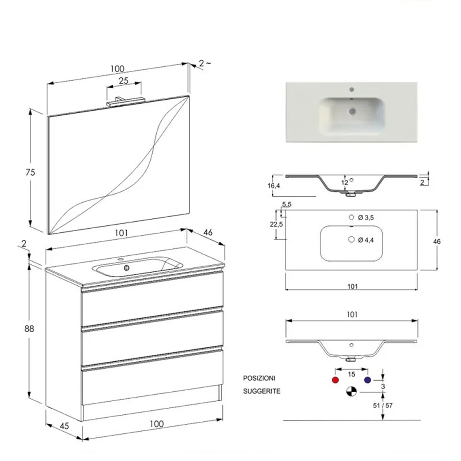 Composizione bagno sospesa Nexu 3 cassetti con lavabo specchio con lampada LED 100x90 cm - Bianco by CeramicStore | Lo specialista del tuo bagno