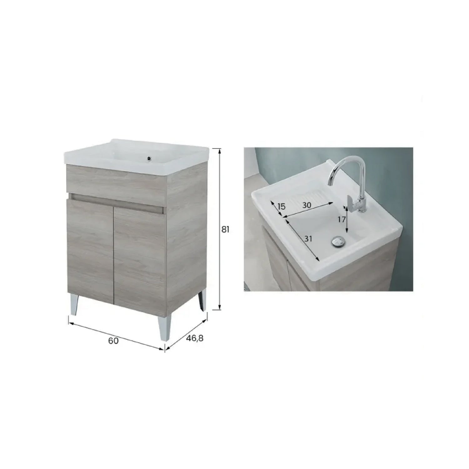 900341 - Lavatoio da Bagno 60 cm con Vasca in Ceramica Collezione Aurora Bathcore - Rovere Grigio