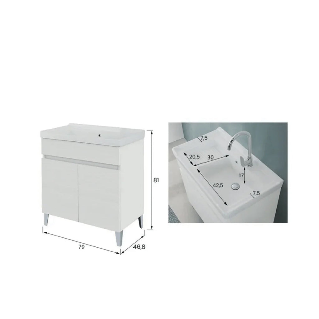900345 - Lavatoio da Bagno 80 cm con Vasca in Ceramica Collezione Aurora Bathcore - Bianco Frassinato