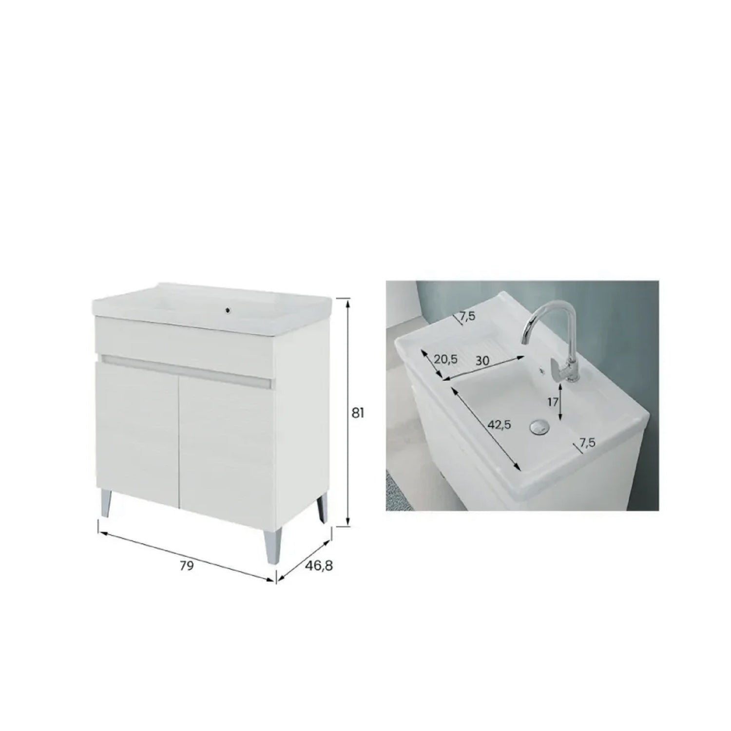 900345 - Lavatoio da Bagno 80 cm con Vasca in Ceramica Collezione Aurora Bathcore - Bianco Frassinato
