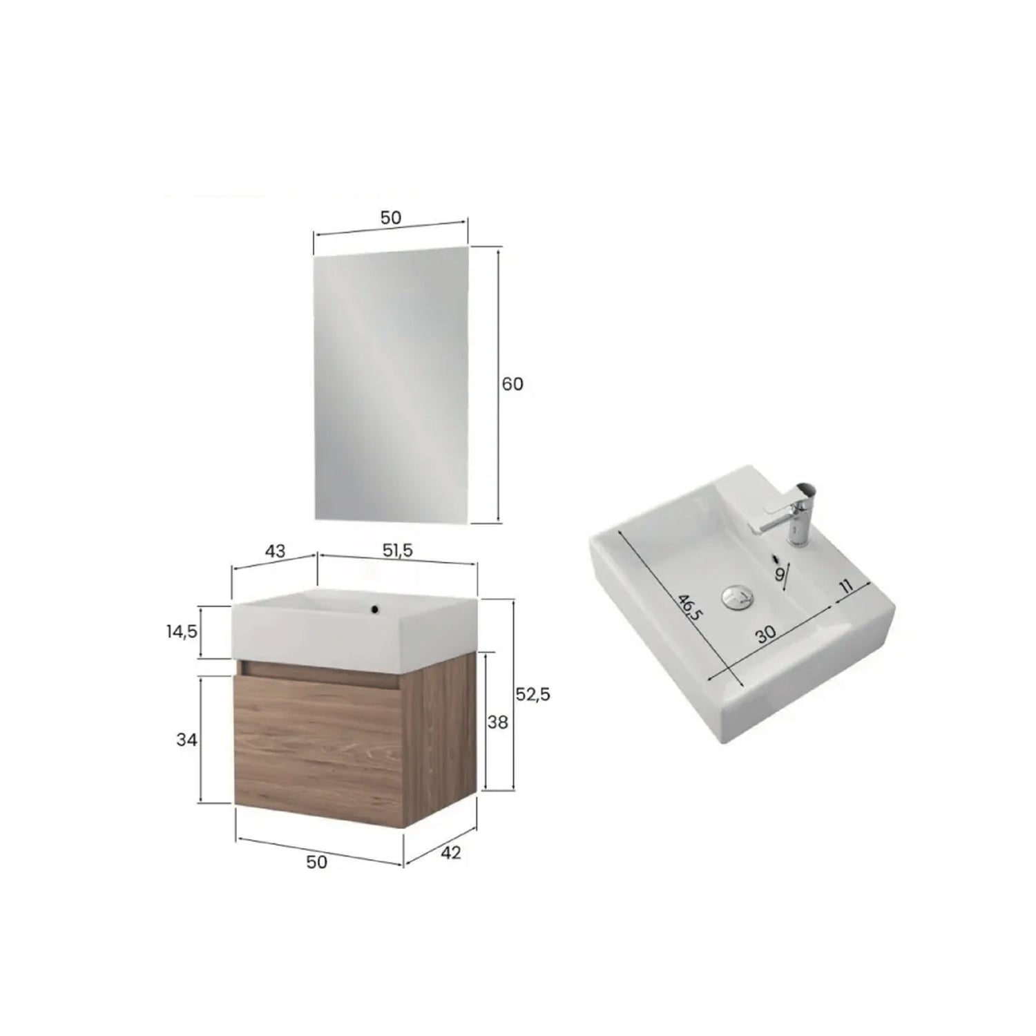 900321 - Composizione Bagno Sospesa 50 cm con Anta Slow-Motion e Consolle in Ceramica Collezione Kairos Cubi&co MDF