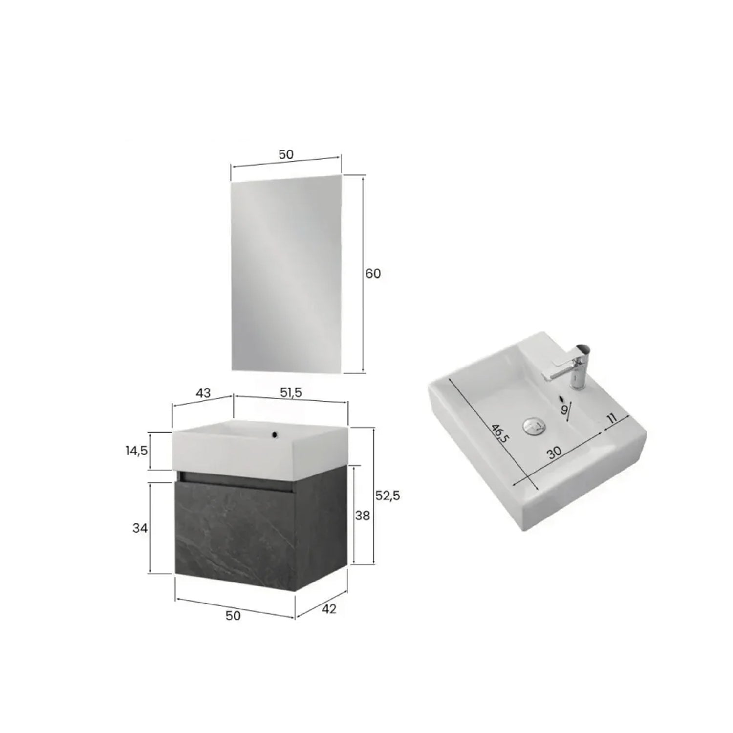 900322 - Composizione Bagno Sospesa 50 cm con Anta Slow-Motion e Consolle in Ceramica Collezione Kairos Cubi&co MDF