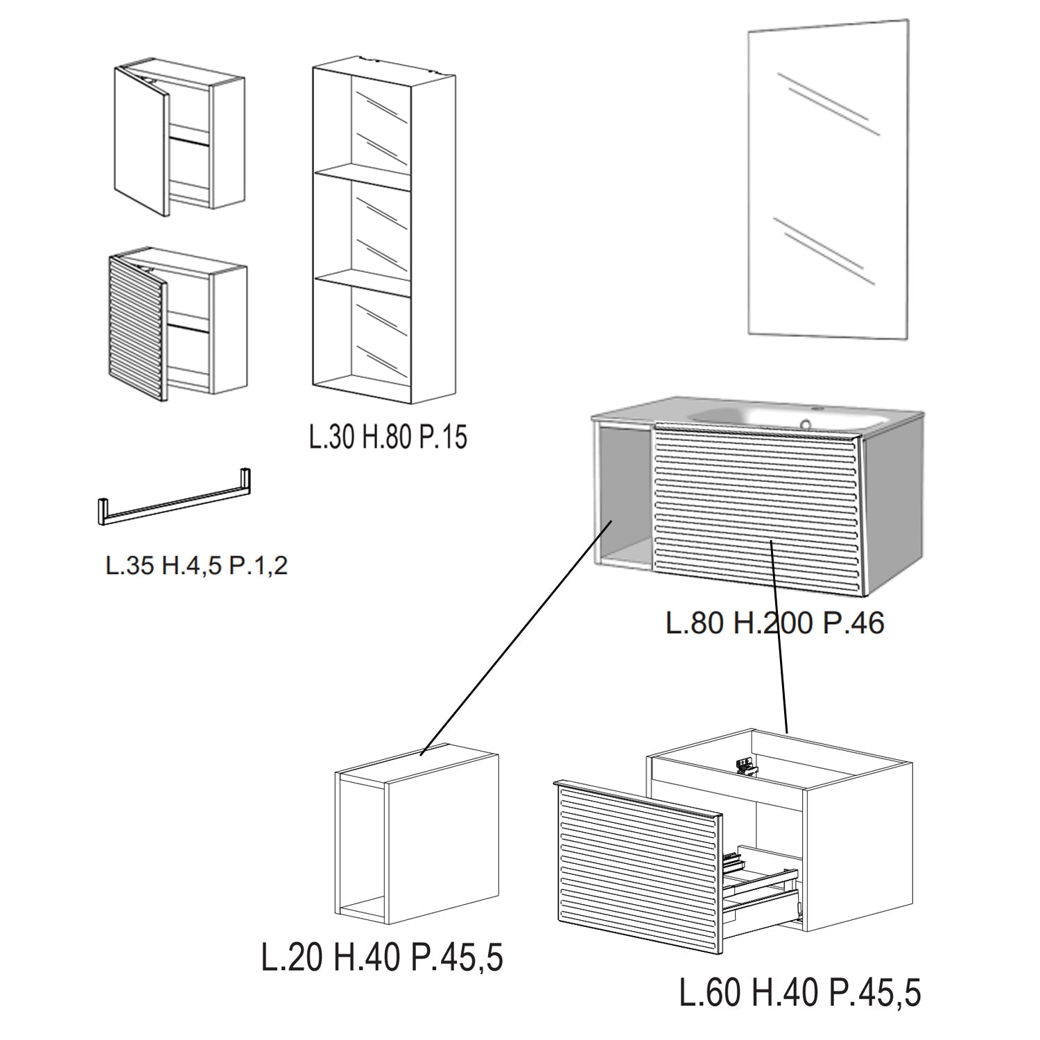 specchio e pensili 70+80x200hx46 cm PIX7 by CeramicStore | Lo specialista del tuo bagno