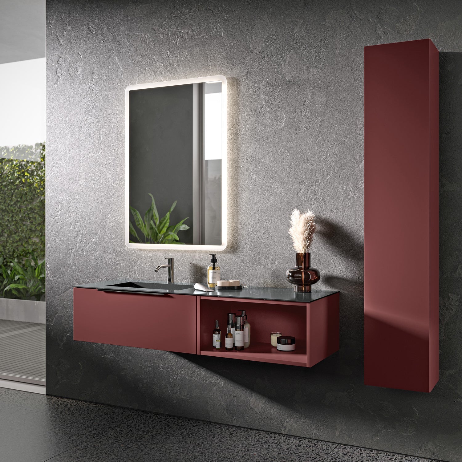  Mobile bagno sospeso con colonna e top in Gres Nero Marquina Bali 10 con finitura Rosso Jaipur by CeramicStore | Lo specialista del tuo bagno