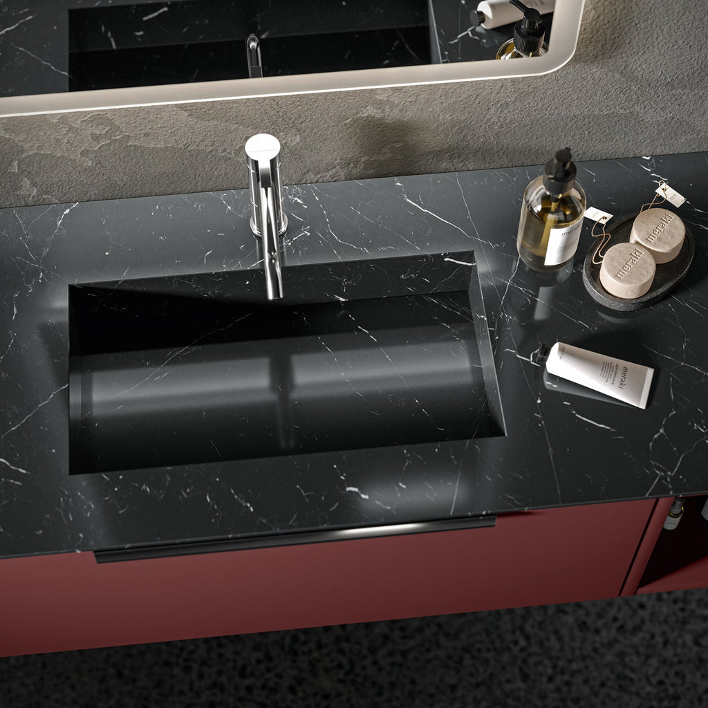  Mobile bagno sospeso con colonna e top in Gres Nero Marquina Bali 10 con finitura Rosso Jaipur by CeramicStore | Lo specialista del tuo bagno