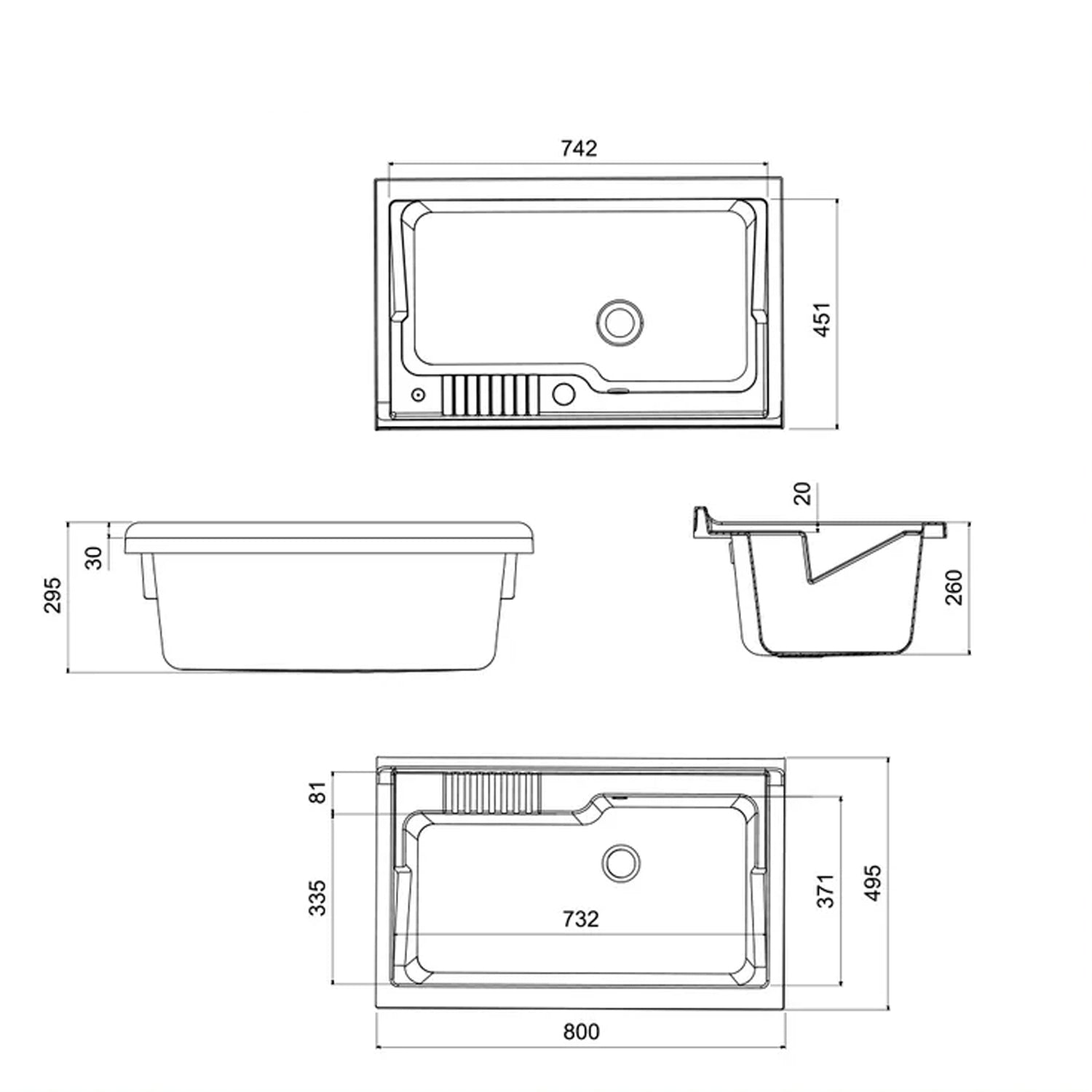 531004 - Vasca in resina Cubi&co per lavatoio 80x50 con pre-fori - 80 x 45,1 cm