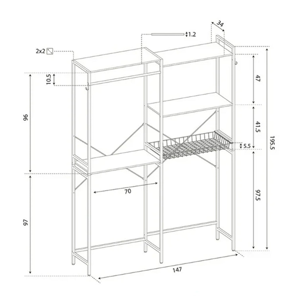 997004 - Armadio lavanderia sopra lavatrice salvaspazio con 4 ripiani, cestello e accessori Misure 147 x 34 x 195 cm - Acciaio bianco e rovere medio chiaro