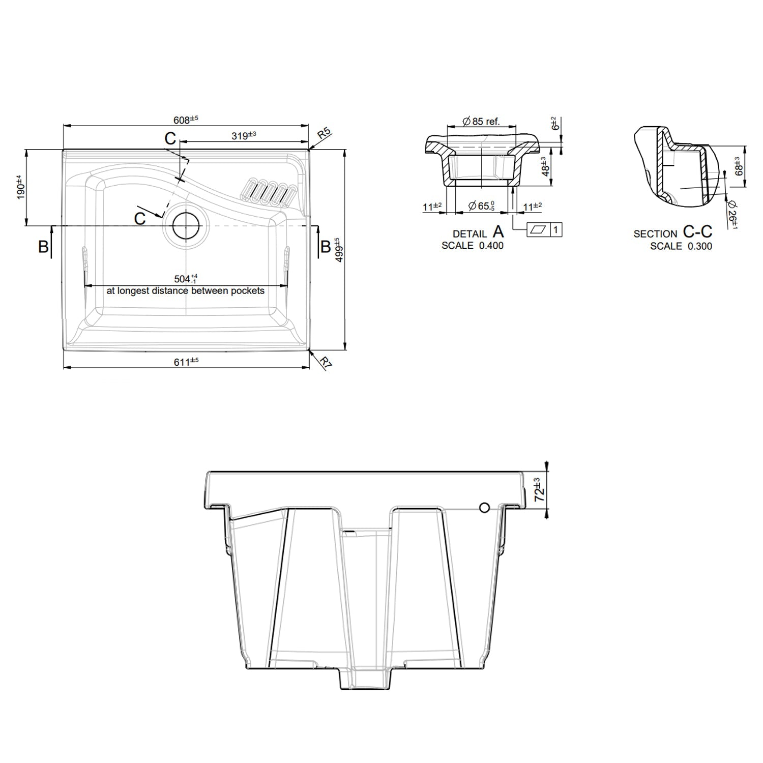 Lavatoio in ceramica senza strizzatoio BathCore - 61 x 50 cm