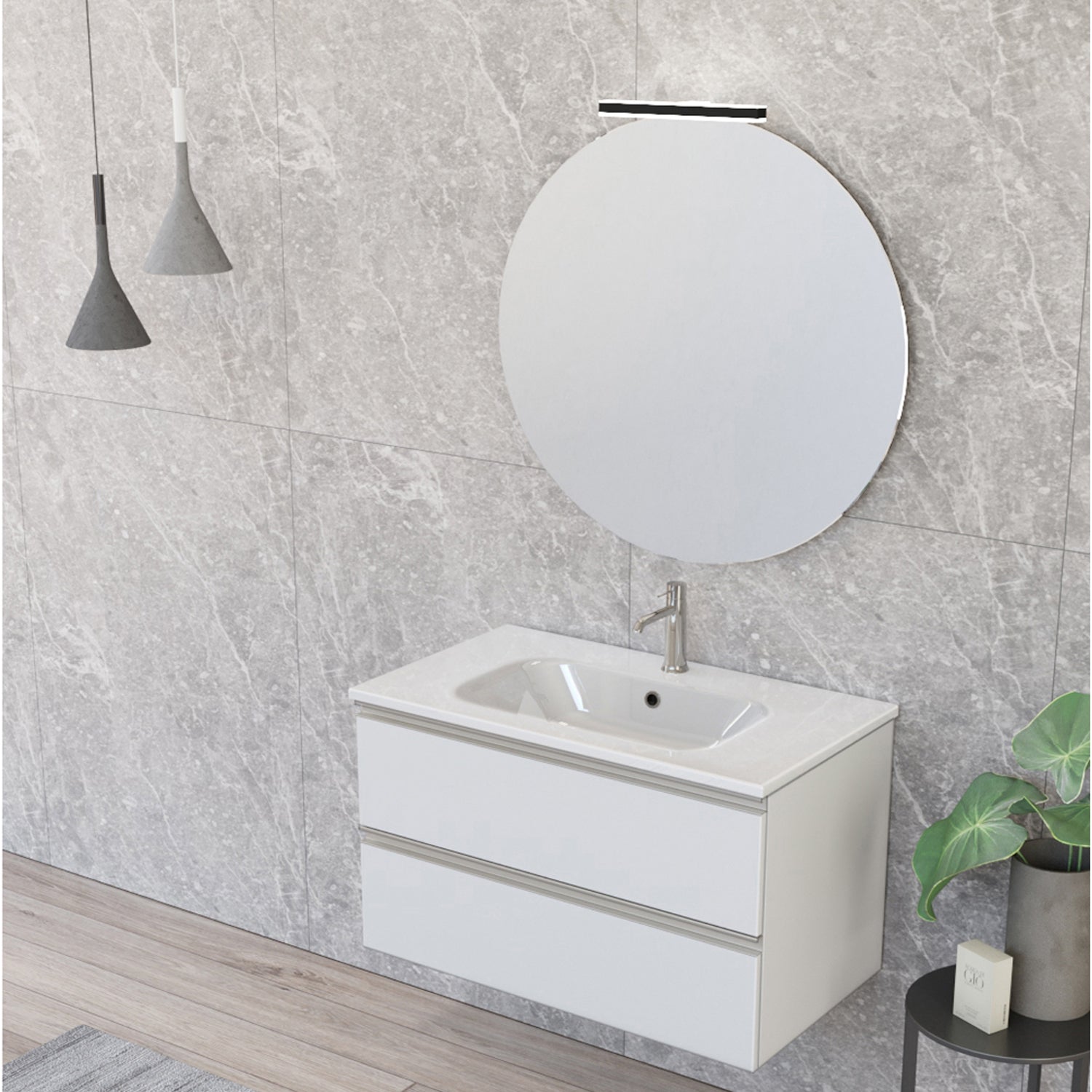 Composizione bagno sospesa Nexu 2 cassetti con lavabo specchio con lampada LED 2 cassetti 80x50 cm bianco by CeramicStore | Lo specialista del tuo bagno