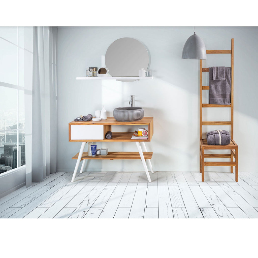 Consolle da bagno in Teak naturale 100cm serie Feelgood Small Cipi con un cassetto - frontale bianco by CeramicStore | Lo specialista del tuo bagno