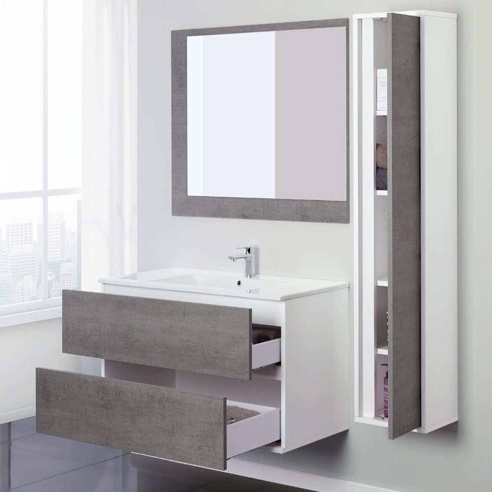 Composizione bagno sospesa Cubi&Co Favola con lavabo e specchio cm 90 - Bianco e Cemento