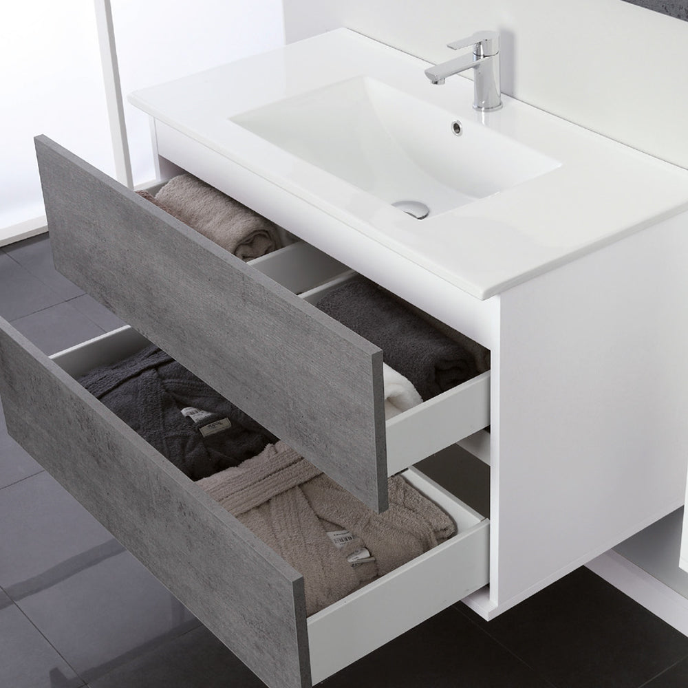 Composizione bagno sospesa Cubi&Co Favola con lavabo e specchio cm 90 - Bianco e Cemento