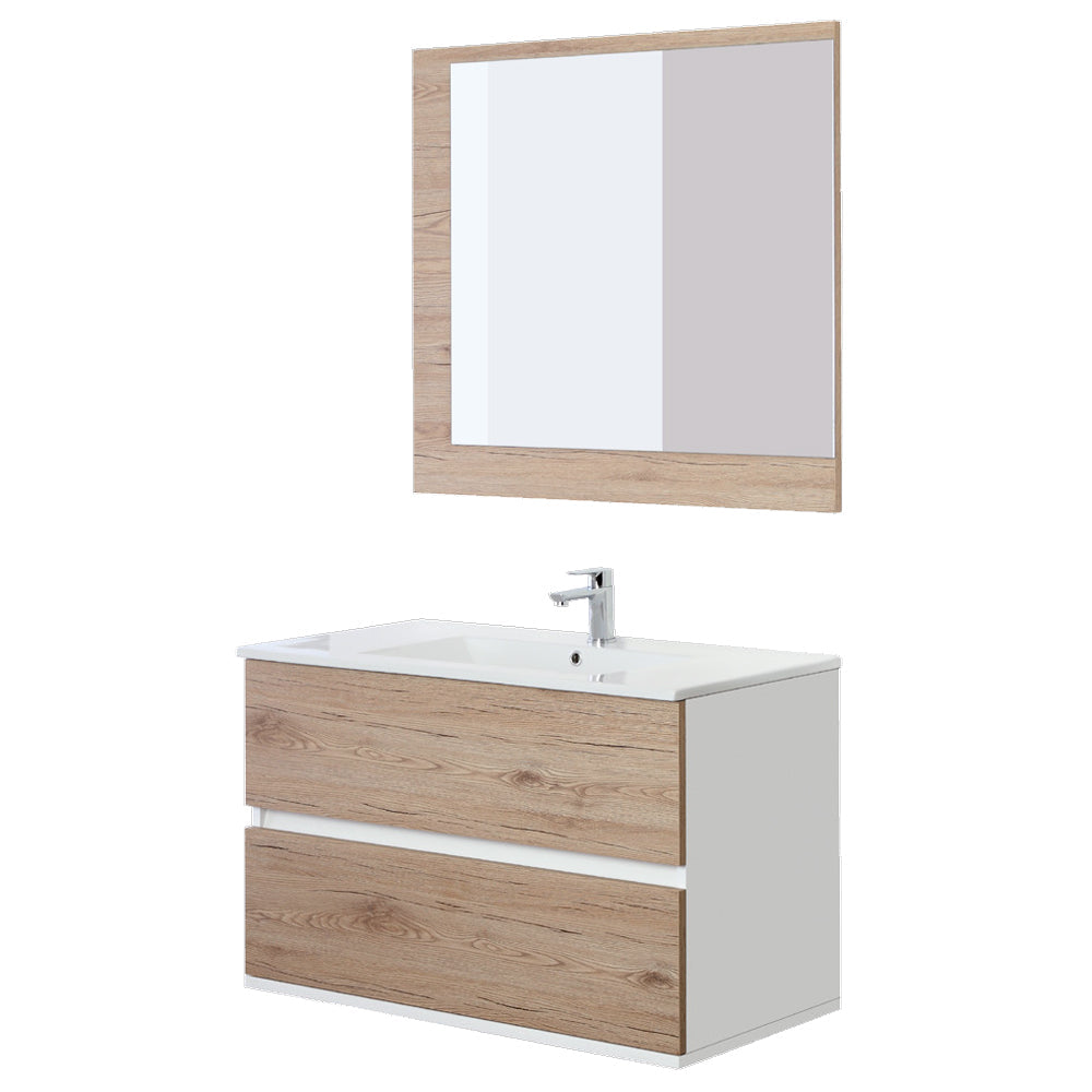Composizione bagno sospesa Favola con lavabo e specchio cm 90 Bianco-Rovere