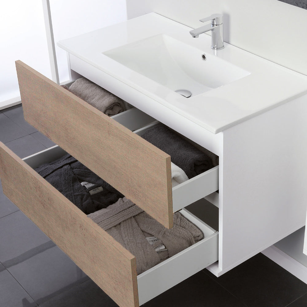 Composizione bagno sospesa Favola con lavabo e specchio cm 90 Bianco-Rovere