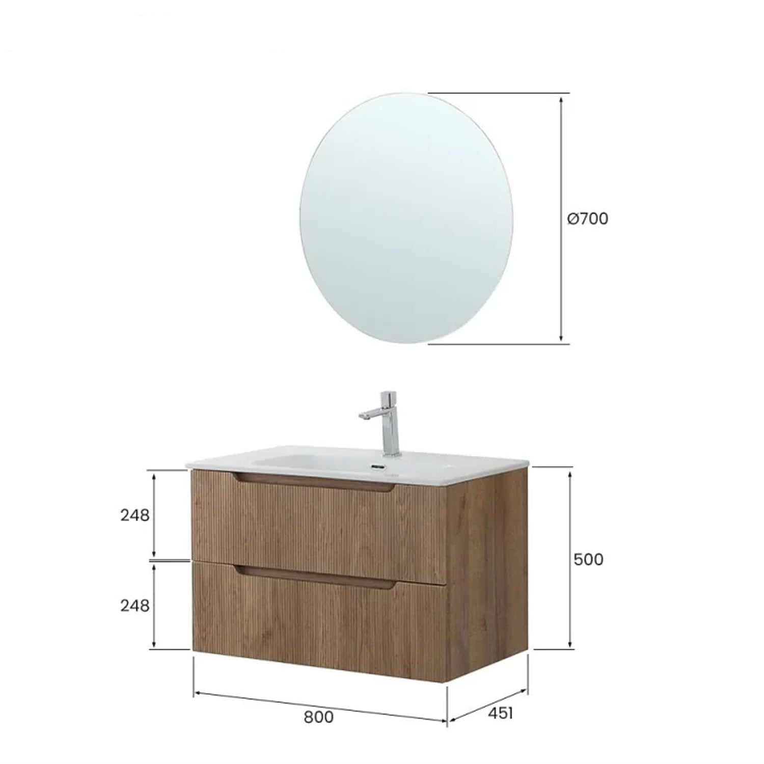 Composizione bagno sospesa Cubi&Co serie Cannes 80 cm con lavabo in ceramica e specchio tondo - Rovere riviera