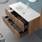 Composizione bagno sospesa Cubi&Co serie Cannes 80 cm con lavabo in ceramica e specchio tondo - Rovere riviera