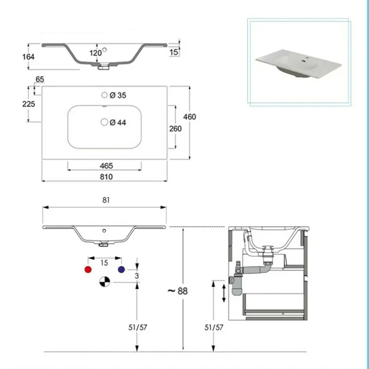 900291 - Composizione bagno sospesa Cubi&Co serie Cannes 80 cm con lavabo in ceramica e specchio tondo - Bianco Opaco