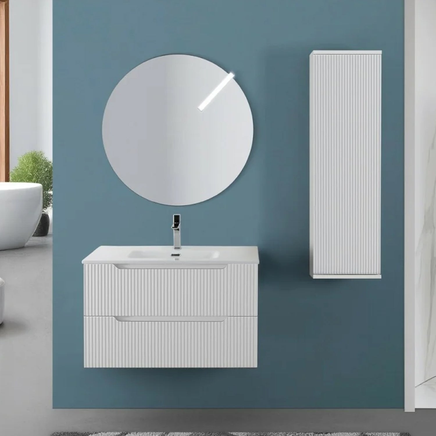 900291 - Composizione bagno sospesa Cubi&Co serie Cannes 80 cm con lavabo in ceramica e specchio tondo - Bianco Opaco