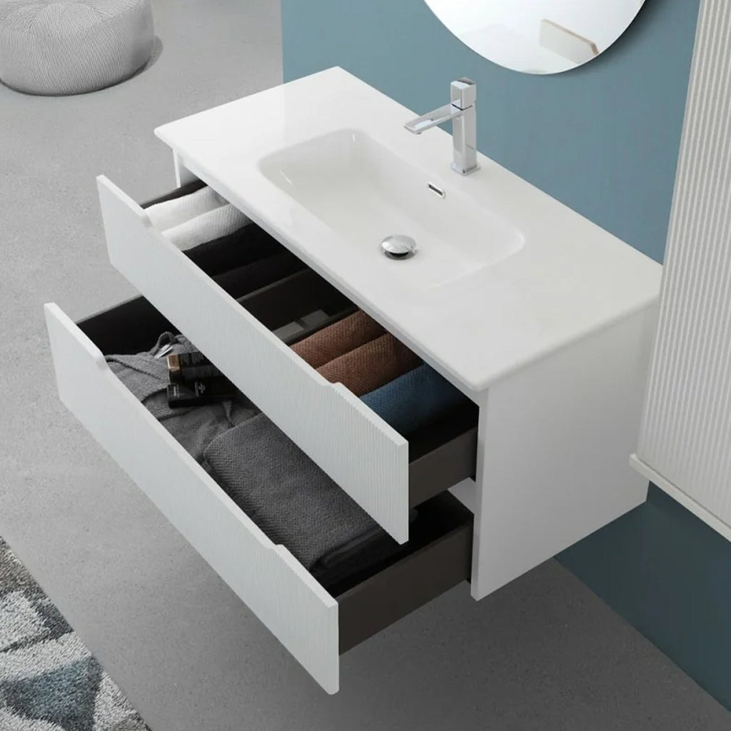 900291 - Composizione bagno sospesa Cubi&Co serie Cannes 80 cm con lavabo in ceramica e specchio tondo - Bianco Opaco