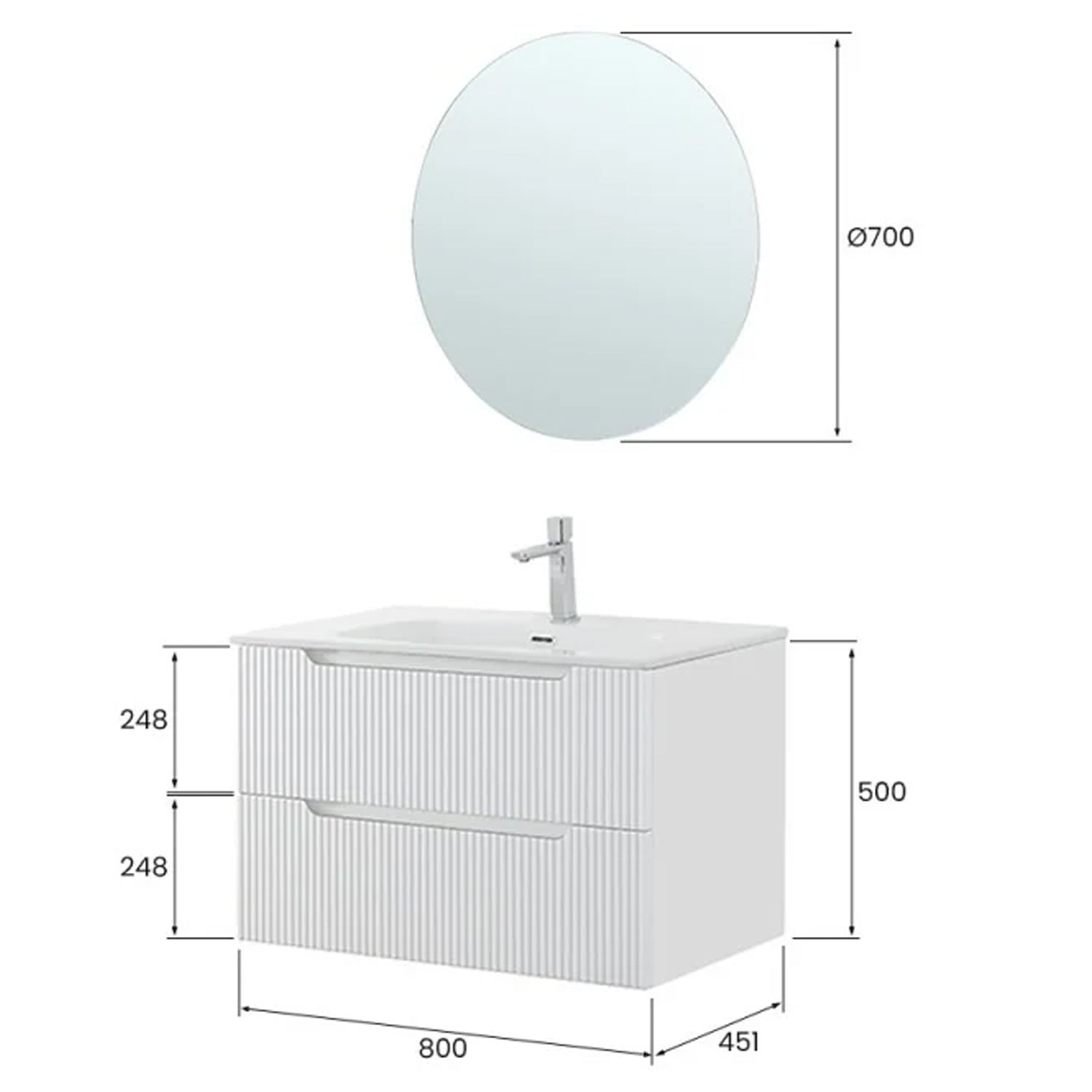 900291 - Composizione bagno sospesa Cubi&Co serie Cannes 80 cm con lavabo in ceramica e specchio tondo - Bianco Opaco