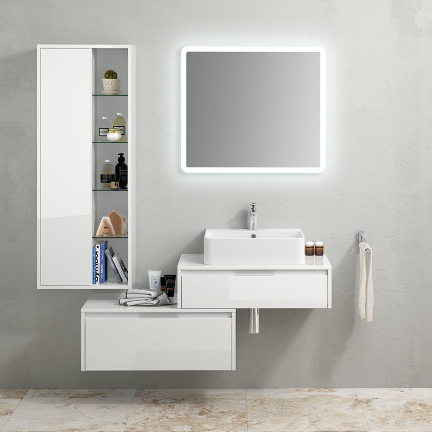 Mobile bagno sospeso modello Trevi03 cm 160x190x46 laccato lucido bianco by CeramicStore | Lo specialista del tuo bagno