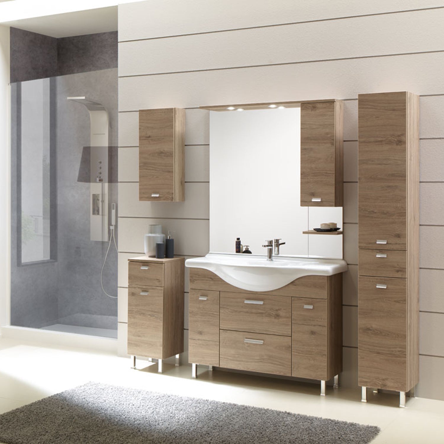 Mobile bagno a terra modello Rimini03 cm 165x195x50 finitura rovere nabucco by CeramicStore | Lo specialista del tuo bagno