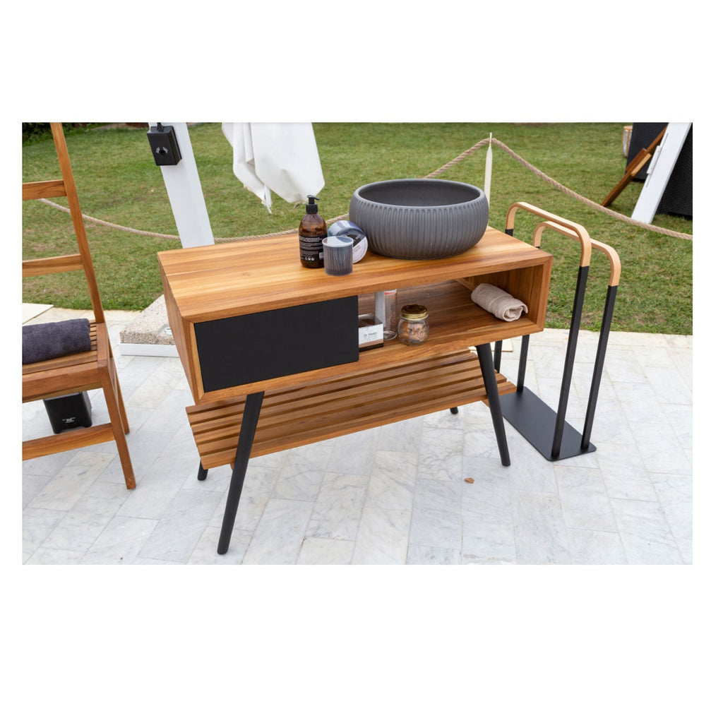 Consolle da bagno in Teak naturale 100cm serie Feelgood Small Cipi con un cassetto - frontale nero by CeramicStore | Lo specialista del tuo bagno
