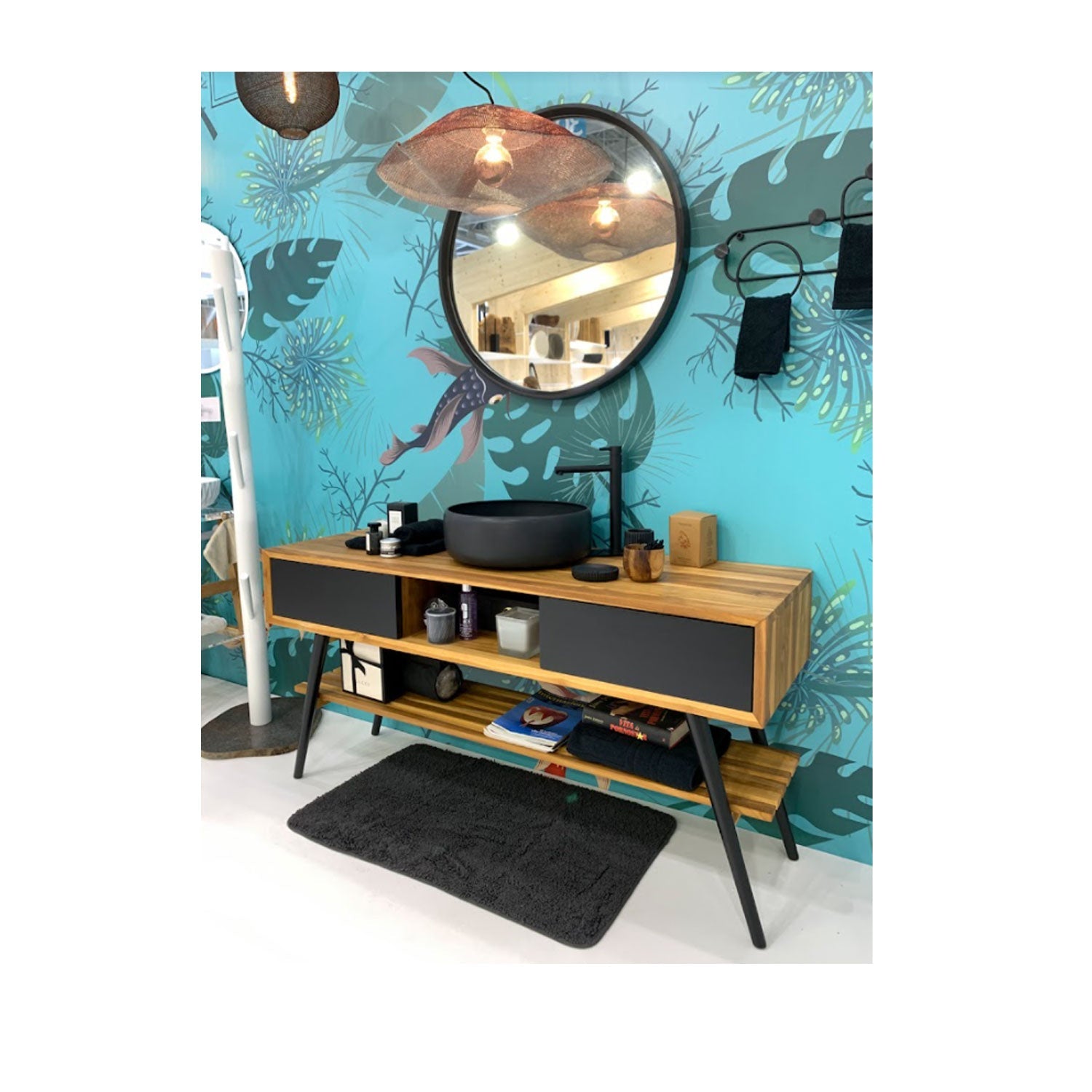  Consolle da bagno in Teak naturale serie Feelgood Cipi 150cm - frontale nero by CeramicStore | Lo specialista del tuo bagno