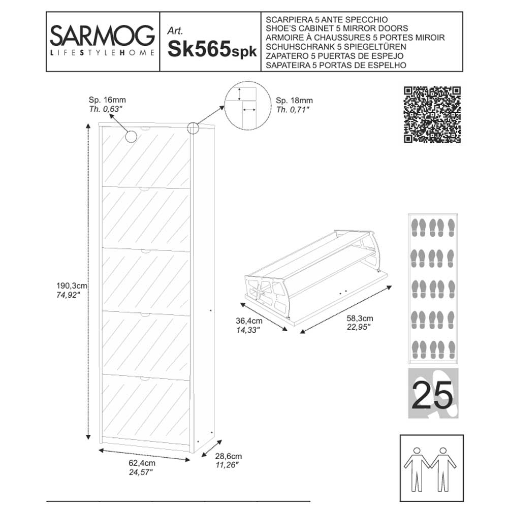  Elegante scarpiera a 5 ante con maniglia satinata Profondità 29 cm finitura Olmo Chiaro / Specchio Naturale by Sarmog by CeramicStore | Lo specialista del tuo bagno