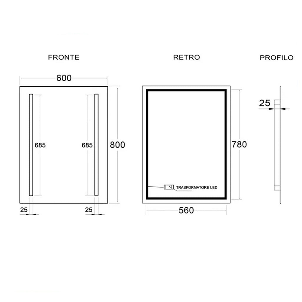 Specchio con strisce LED Cubi&Co modello Twin - 60x80 cm