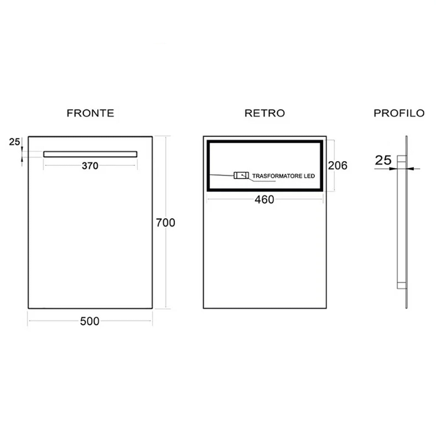 Specchio con striscia superiore LED Cubi&Co modello Superior - 50x70 cm