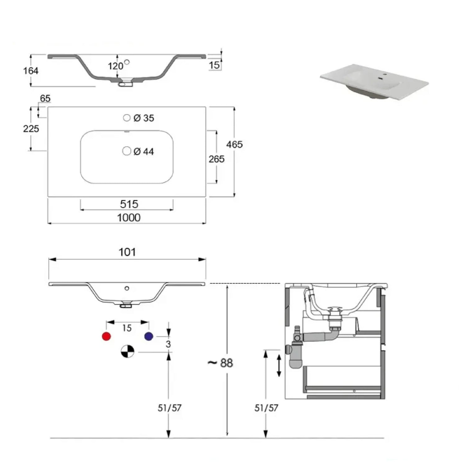 Composizione bagno sospesa Cubi&Co serie Cannes 100 cm con lavabo in ceramica e specchio tondo - Rovere riviera