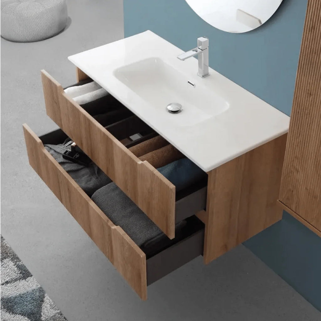 Composizione bagno sospesa Cubi&Co serie Cannes 100 cm con lavabo in ceramica e specchio tondo - Rovere riviera