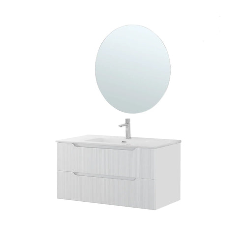 900293 - Composizione bagno sospesa Cubi&Co serie Cannes 8100 cm con lavabo in ceramica e specchio tondo - Bianco Opaca