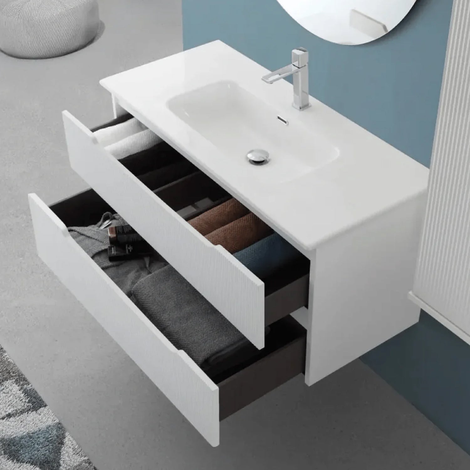 900293 - Composizione bagno sospesa Cubi&Co serie Cannes 8100 cm con lavabo in ceramica e specchio tondo - Bianco Opaca