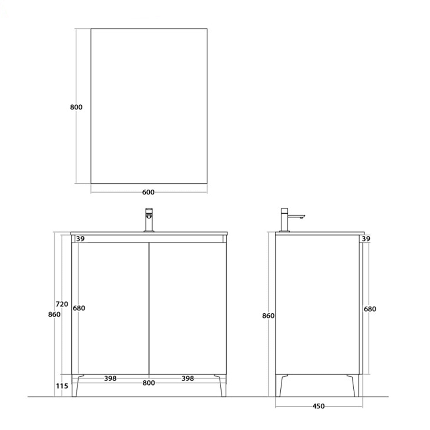 900201 - Mobile bagno a terra Revival 80 cm con lavabo in ceramica e specchio - Rovere Naturale