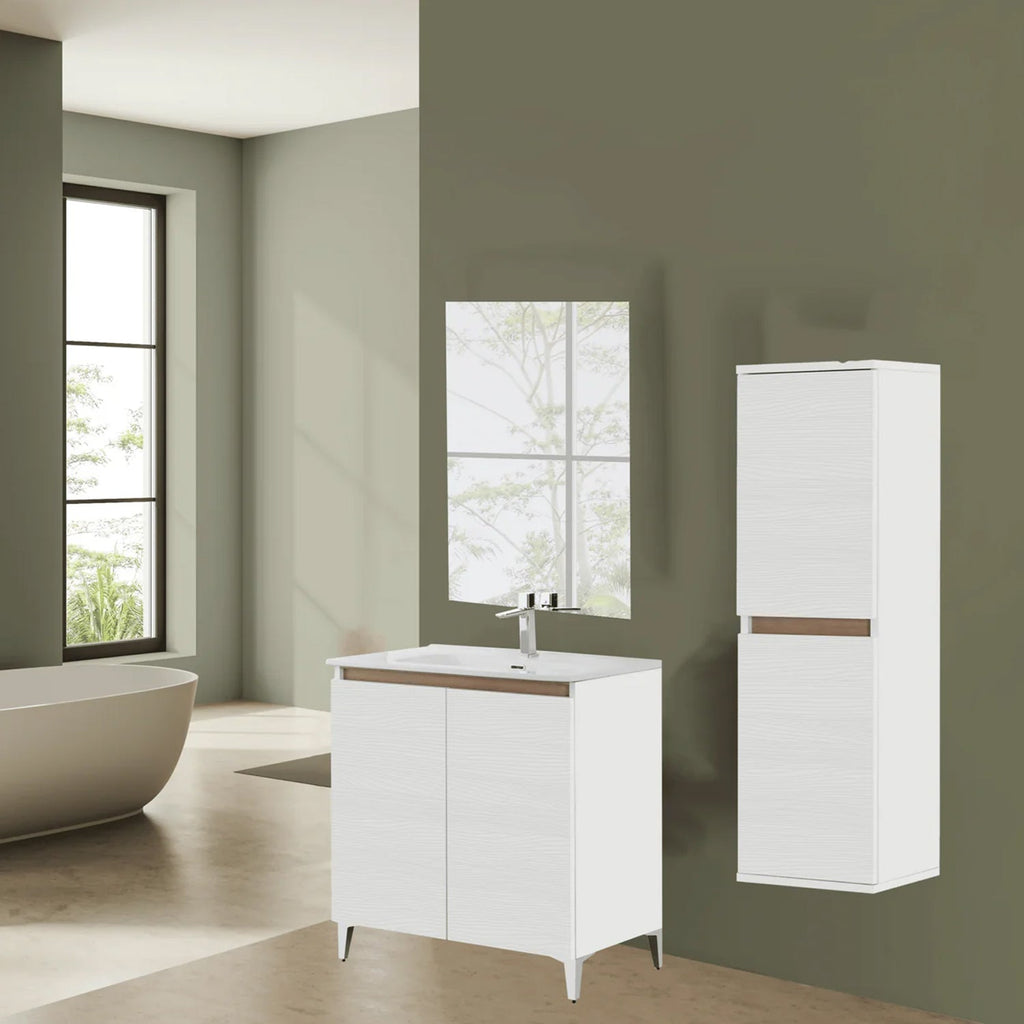 900270 - Mobile bagno a terra Revival 80 cm con lavabo in ceramica e specchio - Bianco Frassinato
