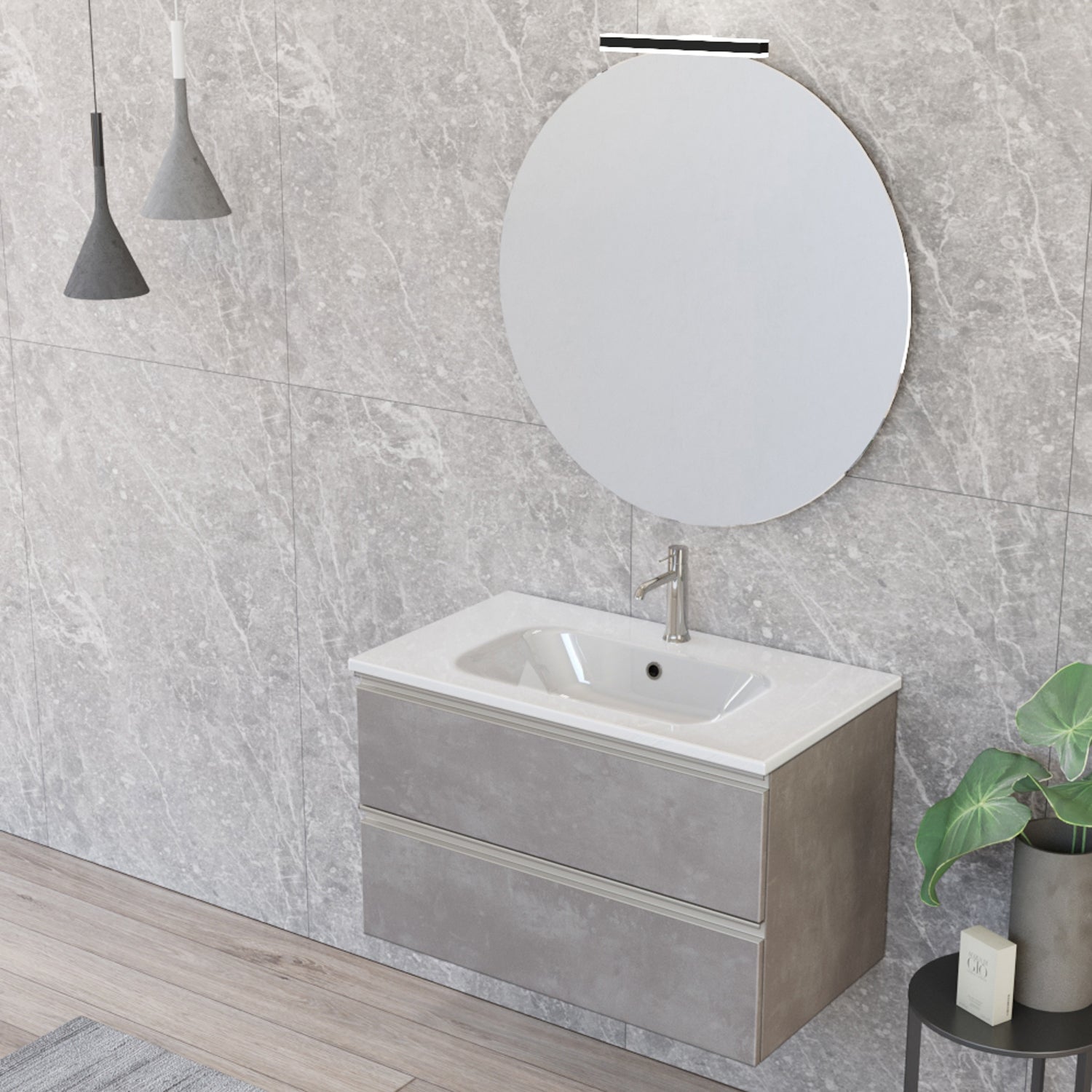 Composizione bagno sospesa Nexu 2 cassetti con lavabo specchio con lampada LED 80x50 cm grigio caldo by CeramicStore | Lo specialista del tuo bagno