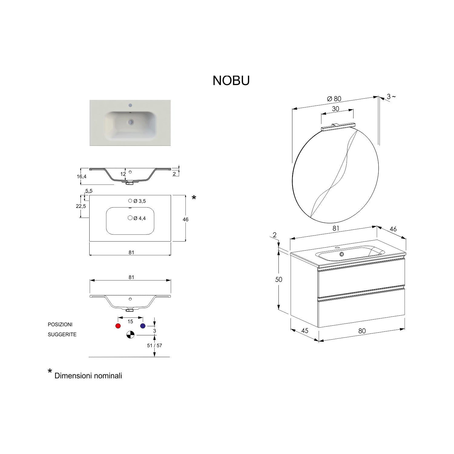  Composizione bagno sospesa Nexu 2 cassetti con lavabo specchio con lampada LED 80x50 cm grigio caldo by CeramicStore | Lo specialista del tuo bagno