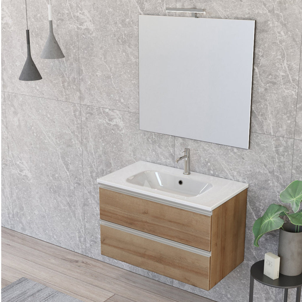 Composizione bagno sospesa Nexu 2 cassetti con lavabo specchio con lampada LED 80x50 cm rovere naturale by CeramicStore | Lo specialista del tuo bagno