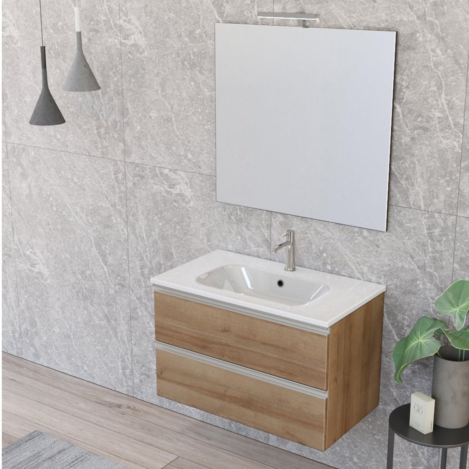 Composizione bagno sospesa Nexu 2 cassetti con lavabo specchio con lampada LED 80x50 cm rovere naturale by CeramicStore | Lo specialista del tuo bagno