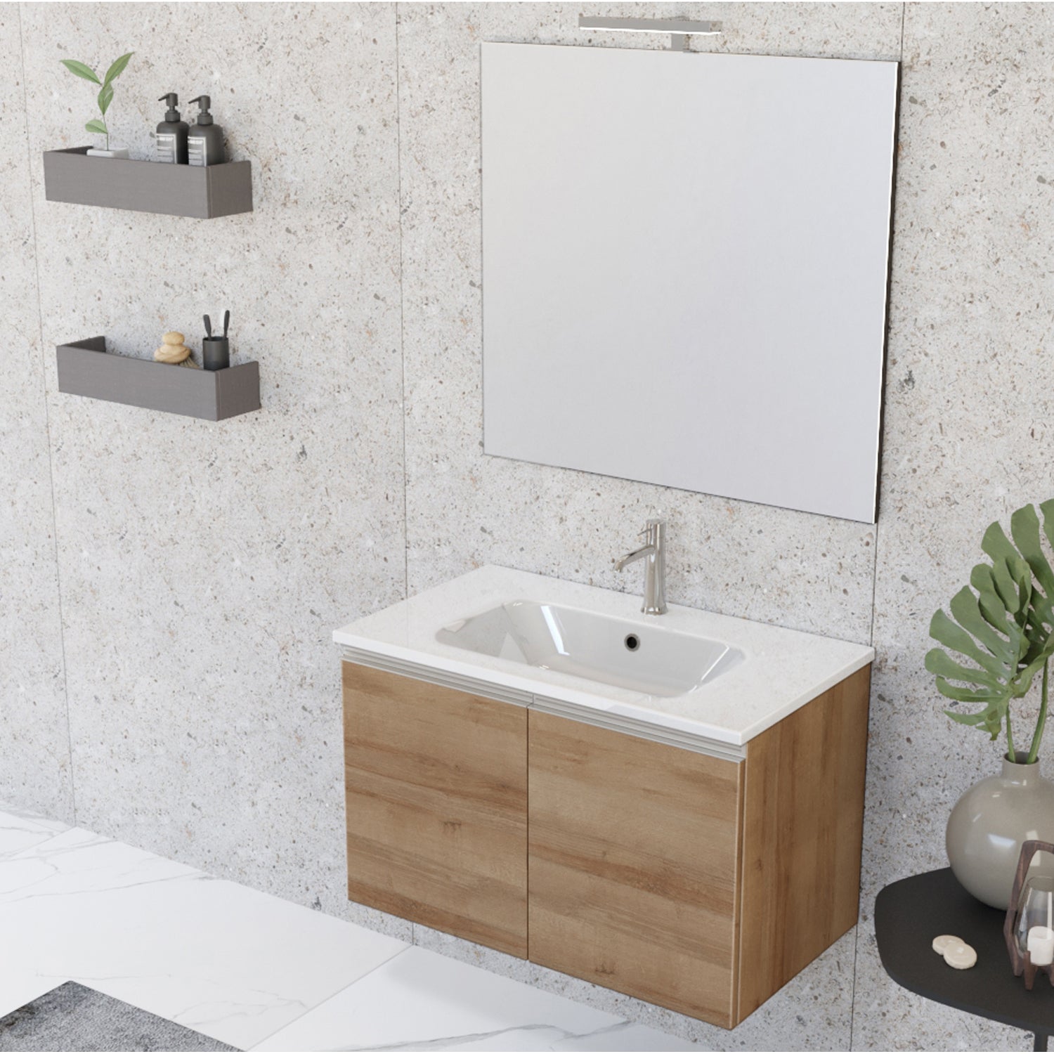 Composizione bagno sospesa Nexu 2 ante con lavabo specchio con lampada LED 80x50 cm rovere by CeramicStore | Lo specialista del tuo bagno
