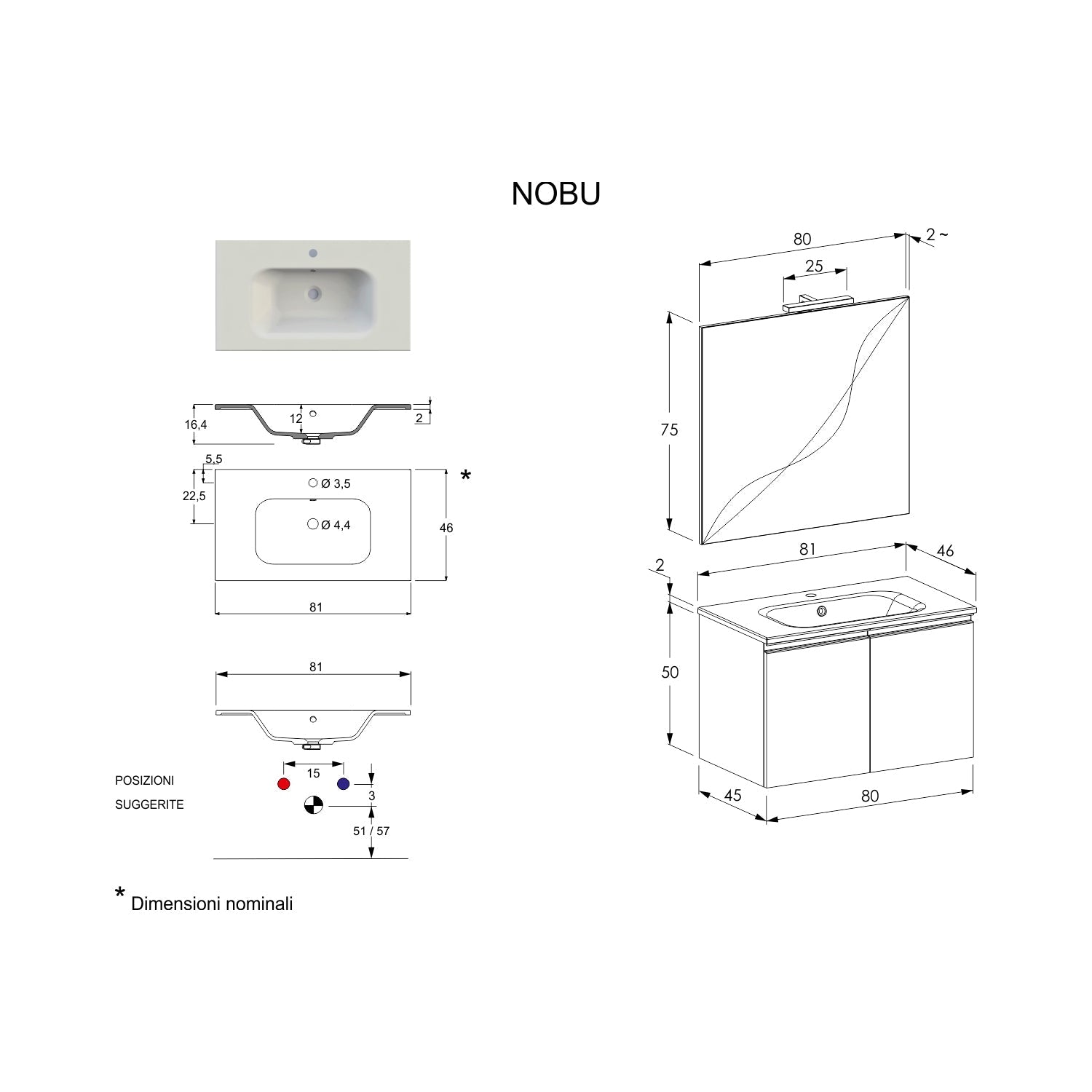  Composizione bagno sospesa Nexu 2 ante con lavabo specchio con lampada LED 80x50 cm rovere by CeramicStore | Lo specialista del tuo bagno
