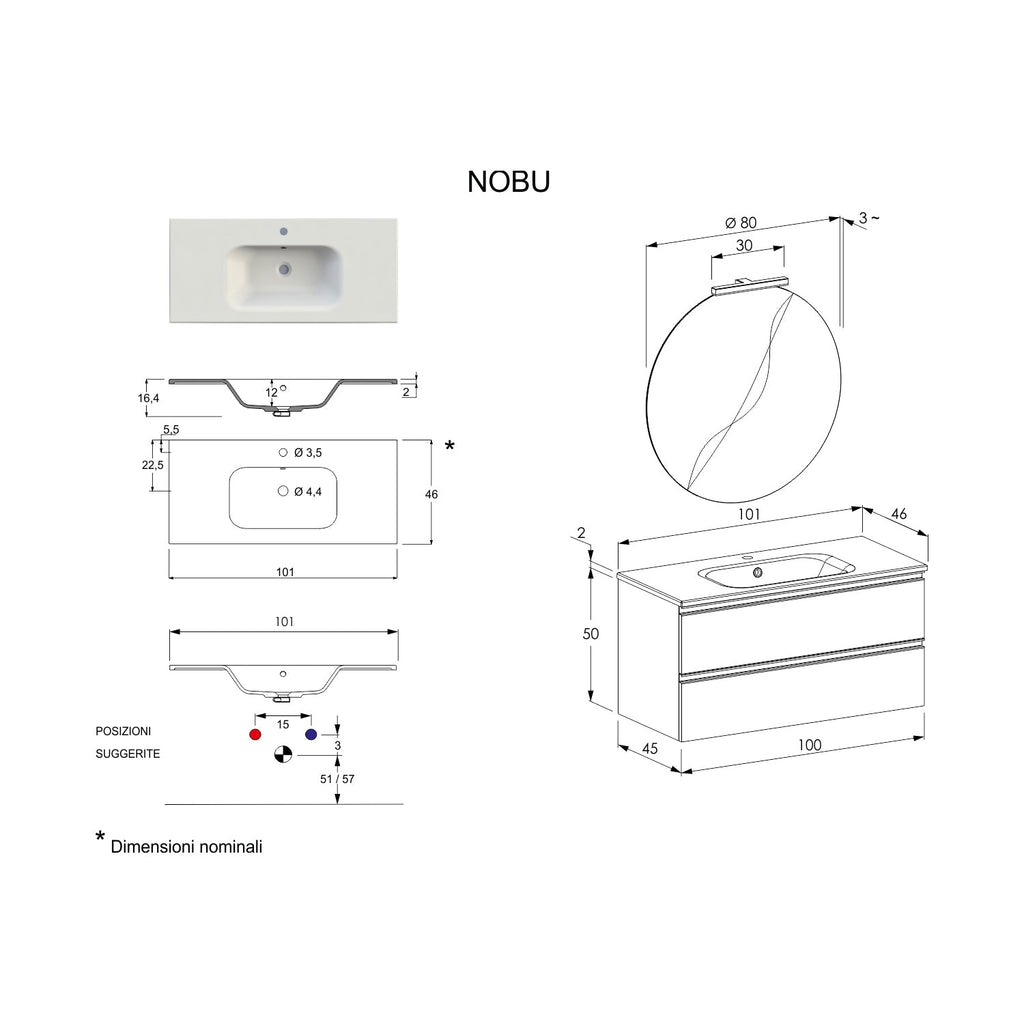  Composizione bagno sospesa Nexu 2 cassetti con lavabo specchio con lampada LED 100x50 cm bianco by CeramicStore | Lo specialista del tuo bagno