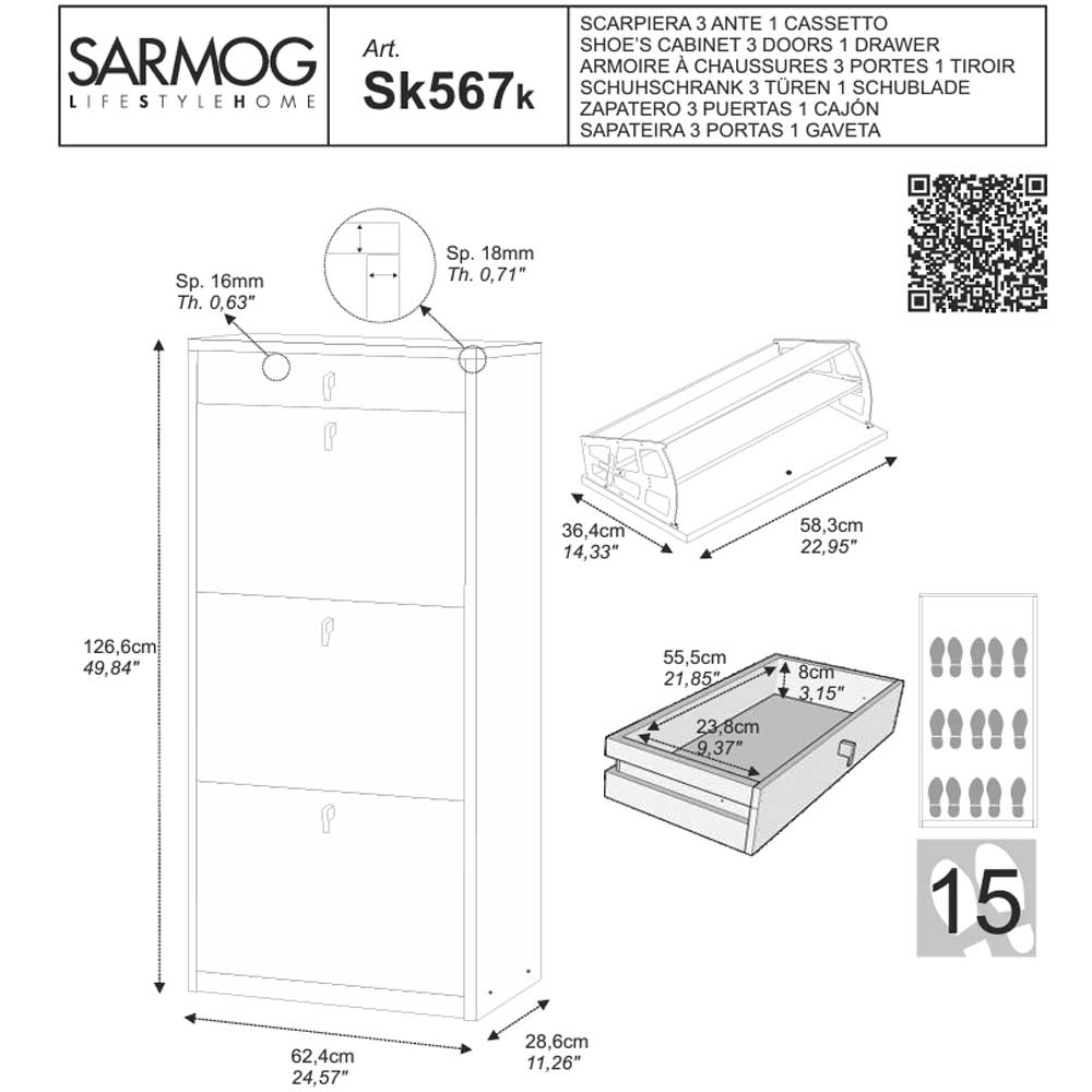  Elegante scarpiera a 3 ante + 1 Cassetto con maniglia satinata Profondità 29 cm finitura Olmo Chiaro by Sarmog by CeramicStore | Lo specialista del tuo bagno