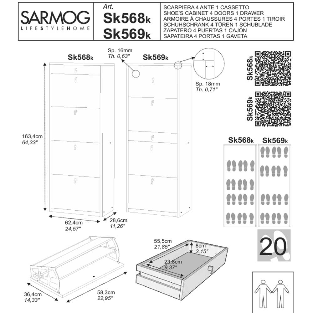  Elegante scarpiera a 4 ante + 1 Cassetto con maniglia satinata Profondità 29 cm finitura Bianco Fiammato by Sarmog by CeramicStore | Lo specialista del tuo bagno