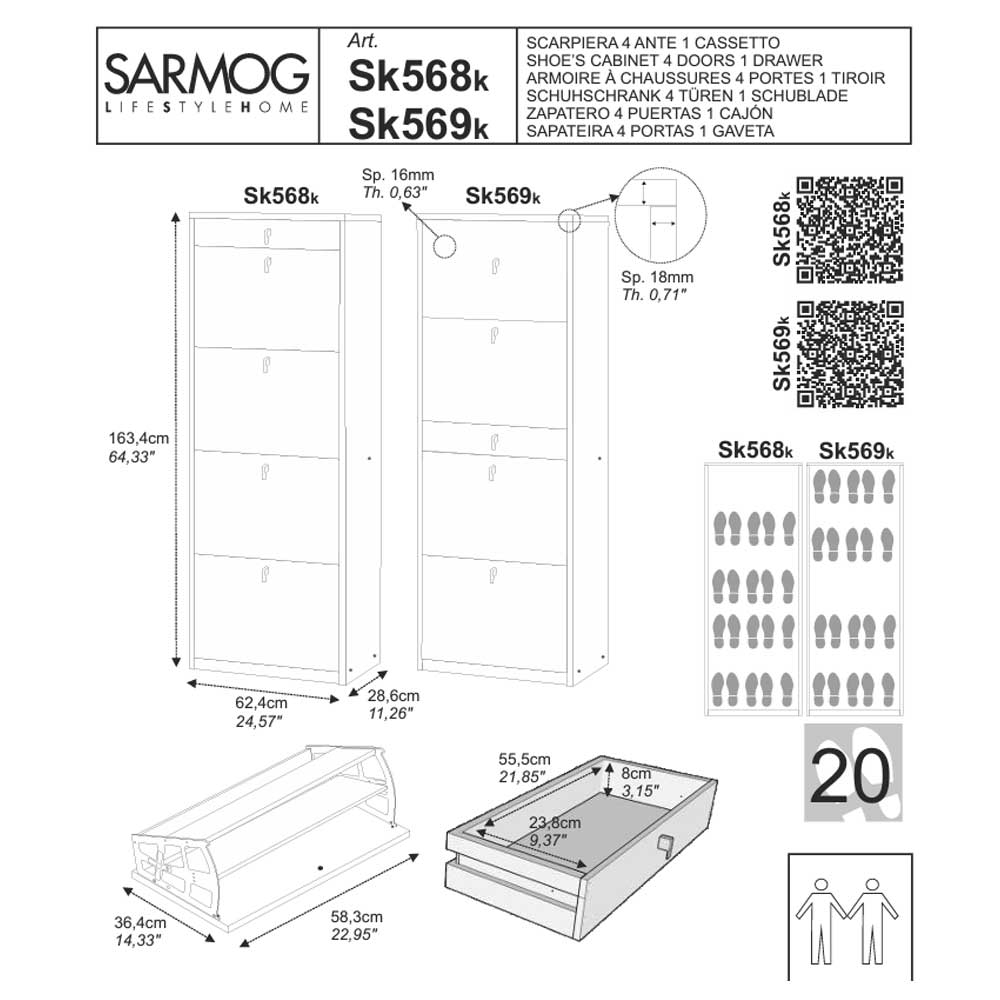  Elegante scarpiera a 4 ante + 1 Cassetto Centrale con maniglia satinata Profondità 29 cm finitura Olmo Chiaro Stelvio by Sarmog by CeramicStore | Lo specialista del tuo bagno