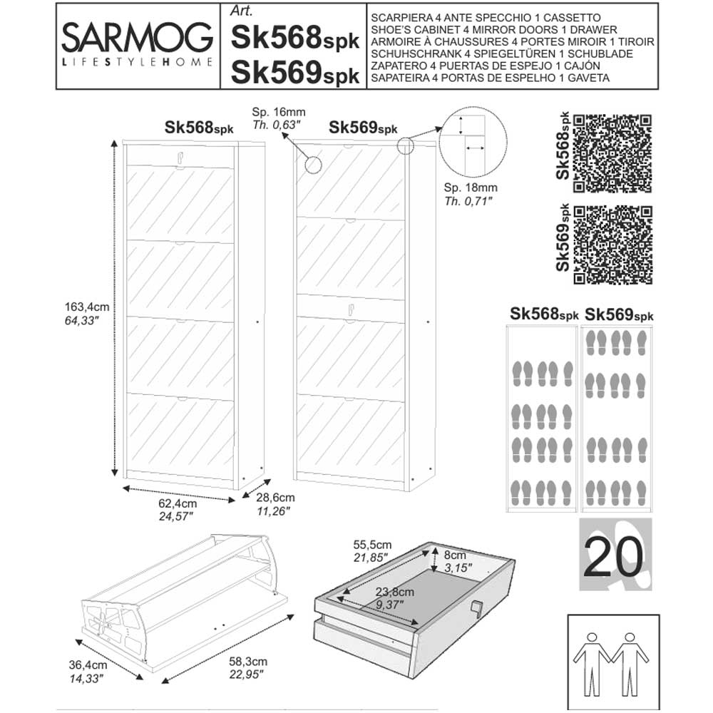  Elegante scarpiera a 4 ante + 1 Cassetto Centrale con maniglia satinata Profondità 29 cm finitura Cemento / Specchio Naturale by Sarmog by CeramicStore | Lo specialista del tuo bagno