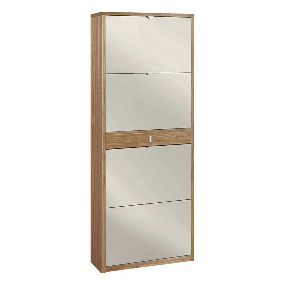 Elegante scarpiera a 4 ante + 1 Cassetto Centrale con maniglia satinata Profondità 29 cm finitura Noce Stelvio / Specchio Naturale by Sarmog by CeramicStore | Lo specialista del tuo bagno